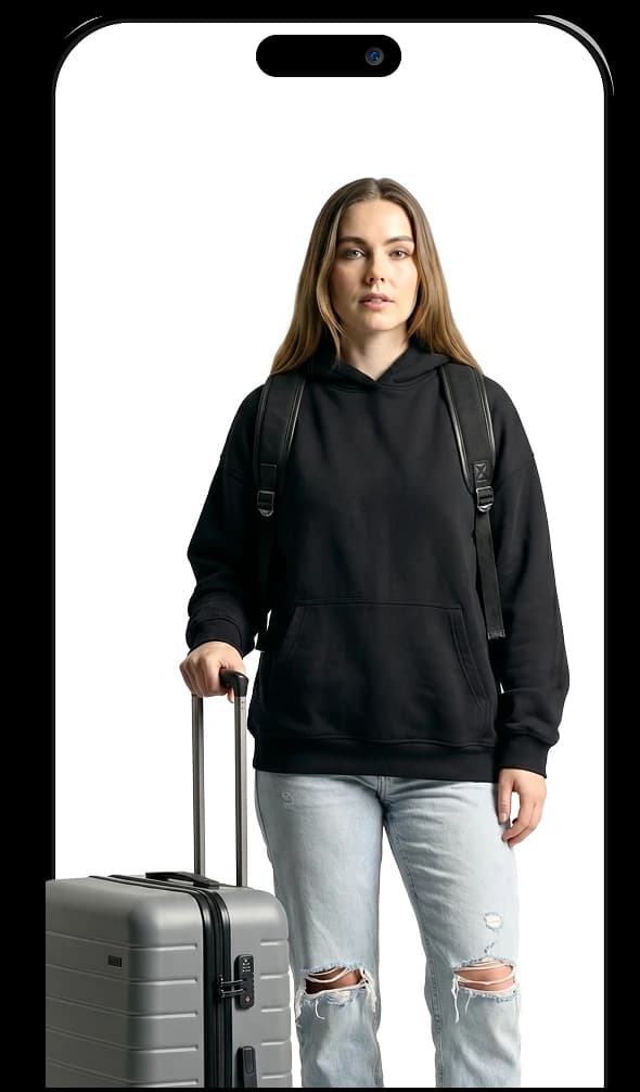 Avatar con un outfit da viaggio e una valigia